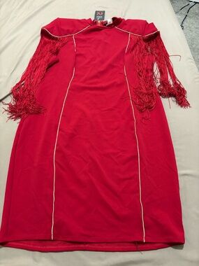 NWT - Women's Red Midi Dress with Fringe Sleeve Detail